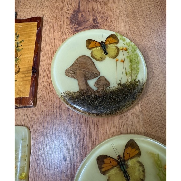 Vtg Acrylic Resin Lucite Trivet Set (2) + Spoon Rest + Wooden Mushroom Wall Art - Picture 3 of 16
